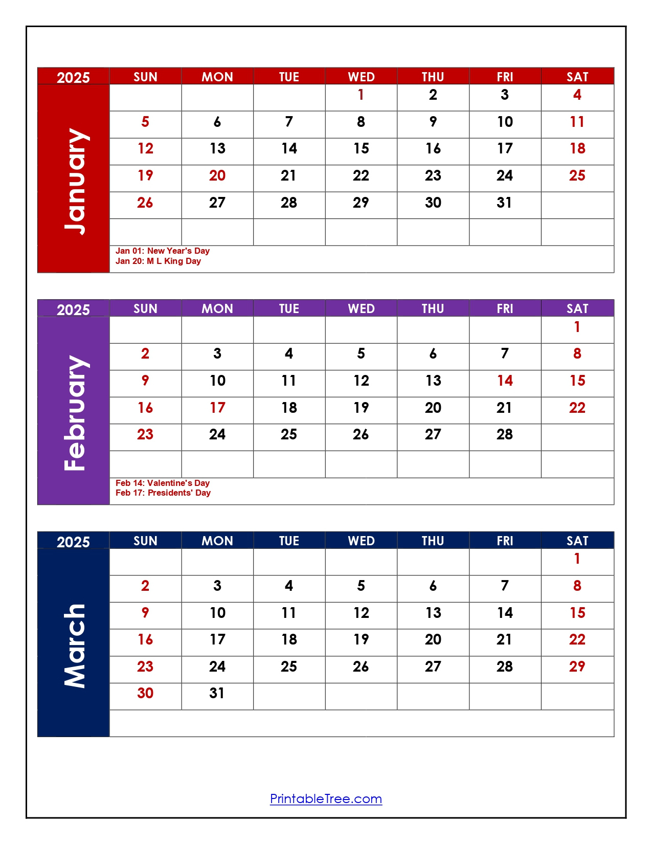 January To March 2025 Calendar | Three Months Calendar with Printable Calendar 2025 January February March