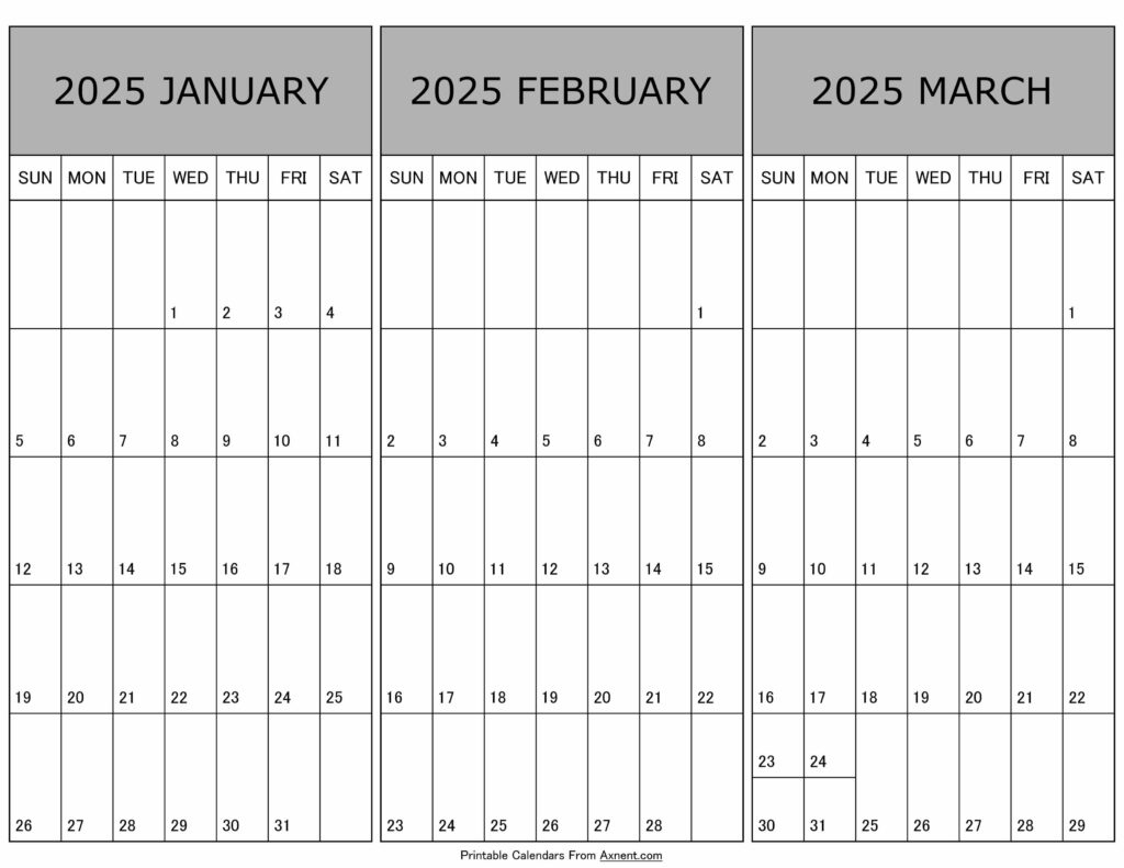 January To March Calendar 2025 Templates - Three Months throughout Printable Calendar 2025 January February March