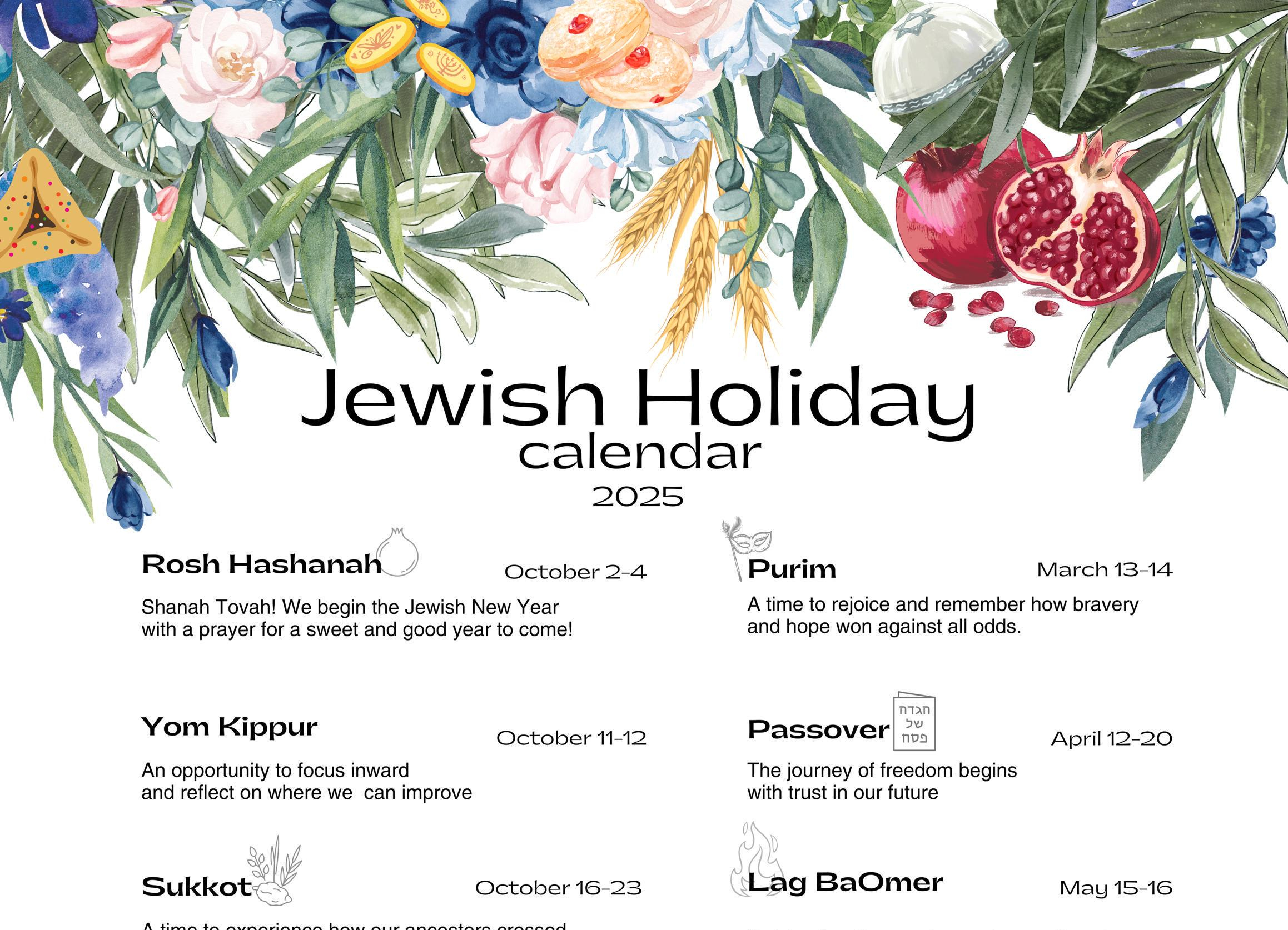 Jewish Holiday Calendar 2025 | Hebrew Calendar | Rosh Hashanah with Jewish Holidays 2025 Calendar Printable