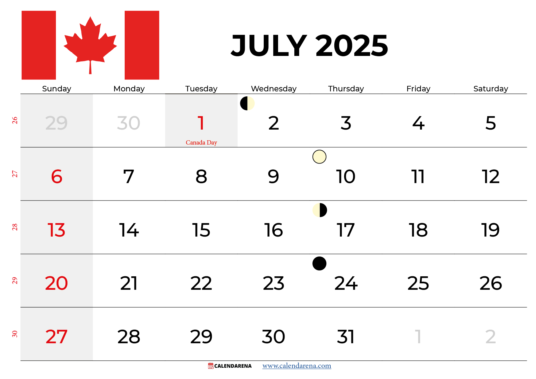 July 2025 Calendar Canada with July Calendar 2025 Canada
