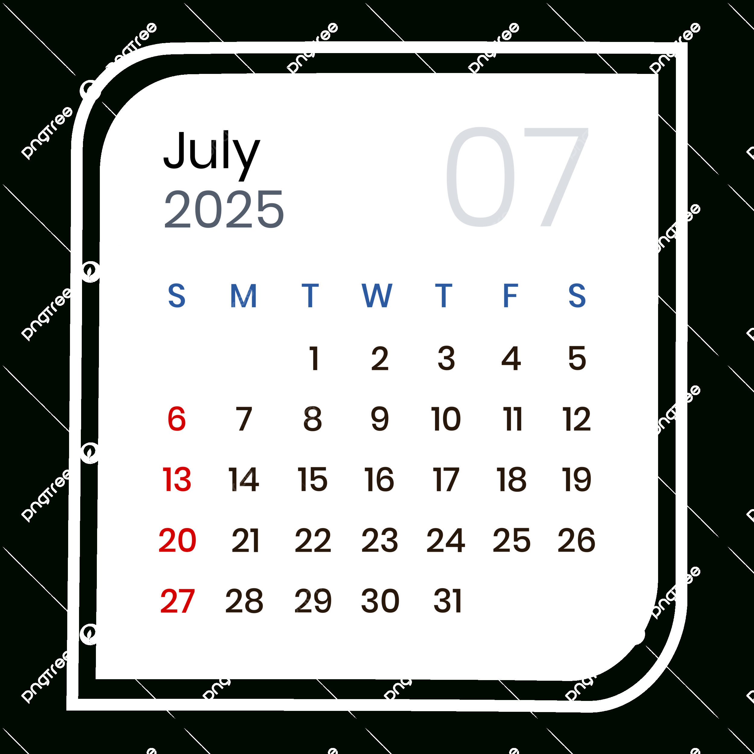 July 2025 Calendar Elegant Vector, July 2025, July 2025 Calendar in July Calendar 2025 Png