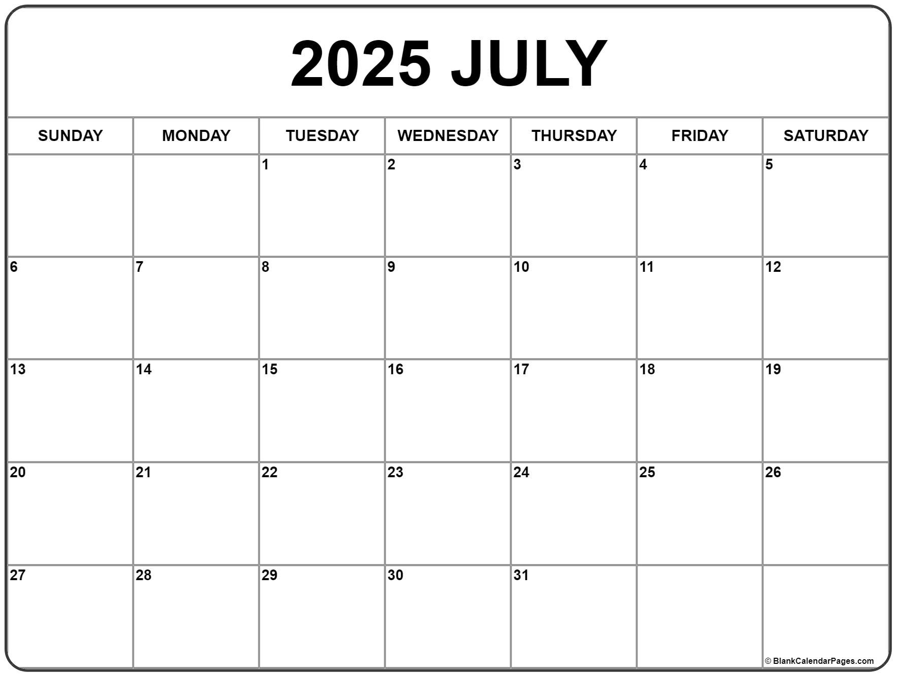 July 2025 Calendar | Free Printable Calendars inside July 2025 Blank Printable Calendar
