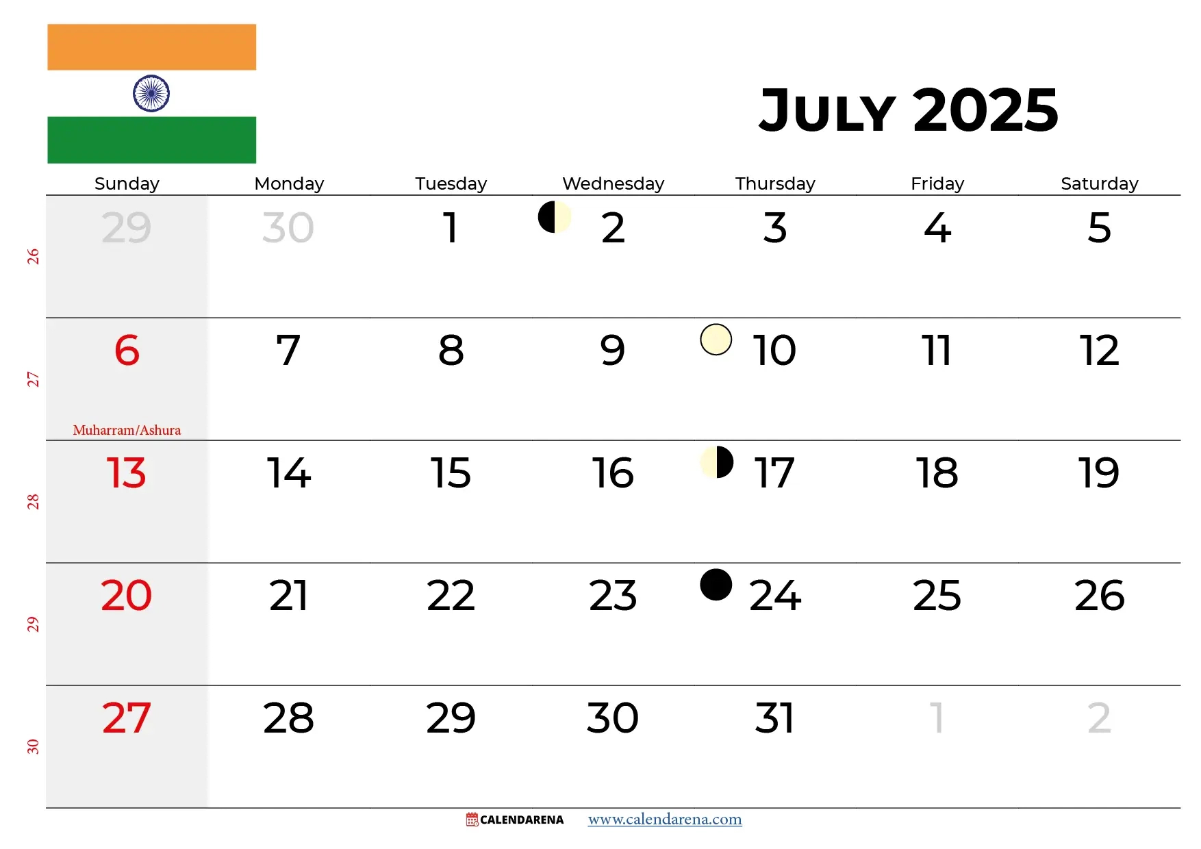 July 2025 Calendar India pertaining to July 2025 Holiday Calendar