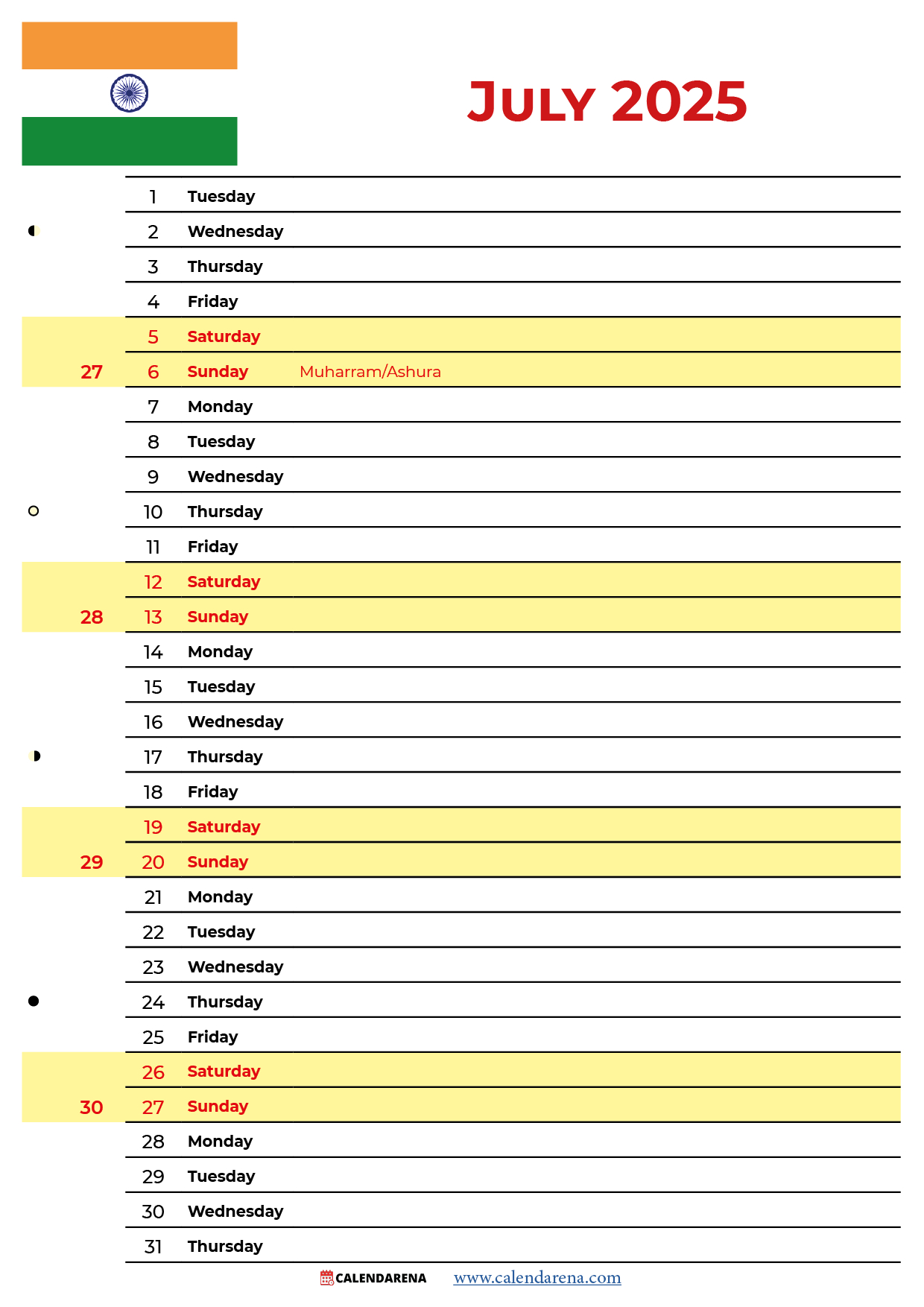 July 2025 Calendar India With Holidays throughout July 2025 Holiday Calendar