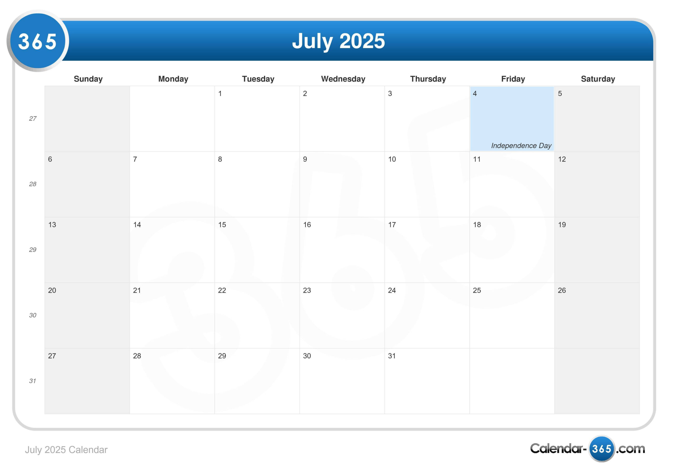 July 2025 Calendar inside Vegas Calendar July 2025