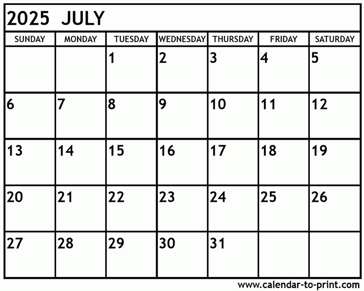 July 2025 Calendar Printable pertaining to July Monthly 2025 Calendar Printable
