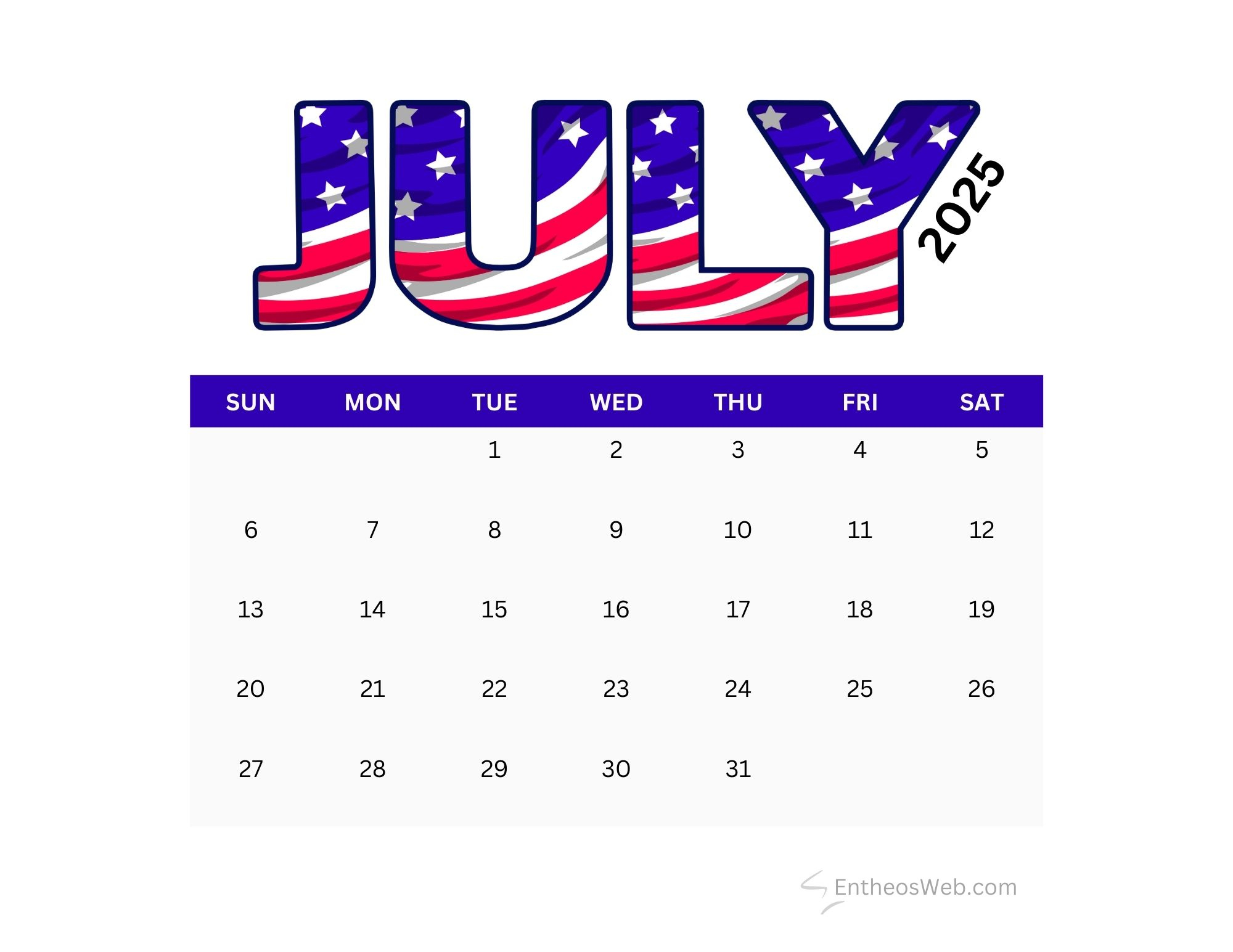 July 2025 Calendar Printables | Entheosweb for July 4Th 2025 Calendar