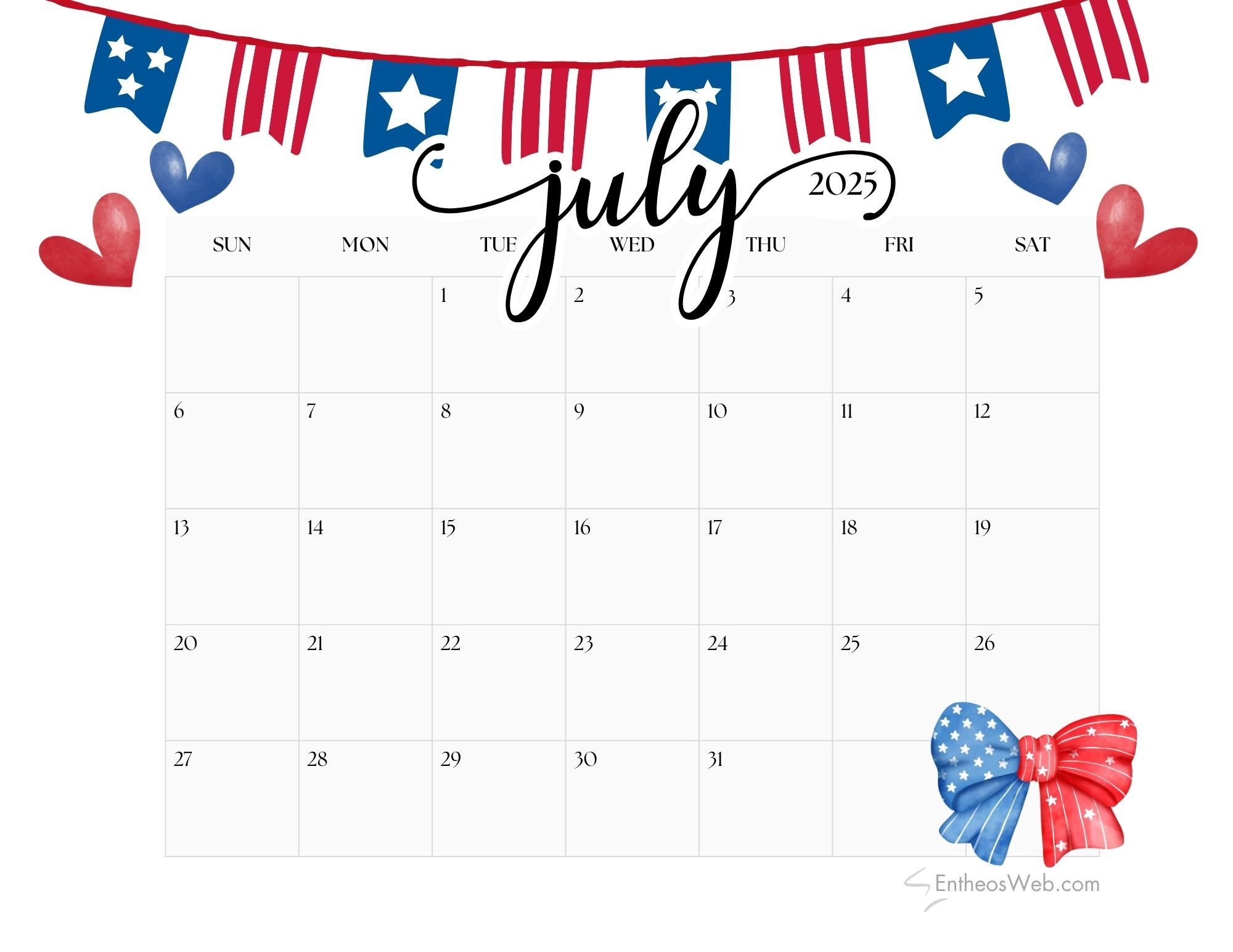 July 2025 Calendar Printables | Entheosweb in July Calendar 2025 Free Printable