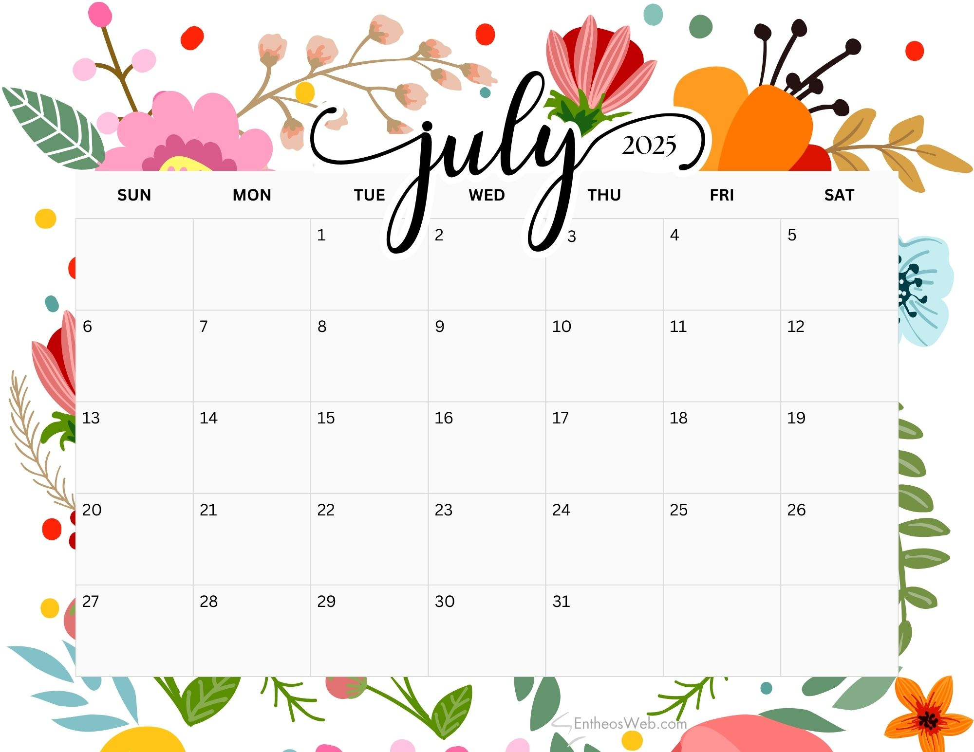 July 2025 Calendar Printables | Entheosweb with July Calendar 2025 Free Printable