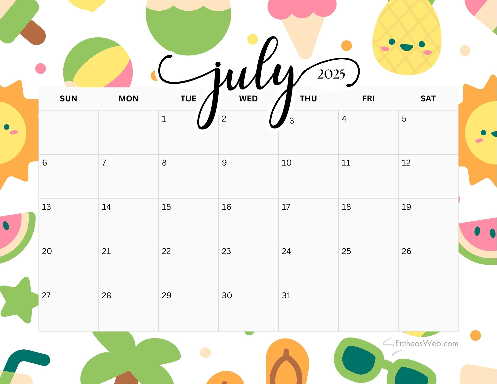 July 2025 Calendar Printables | Entheosweb within July Calendar 2025 Printable Cute