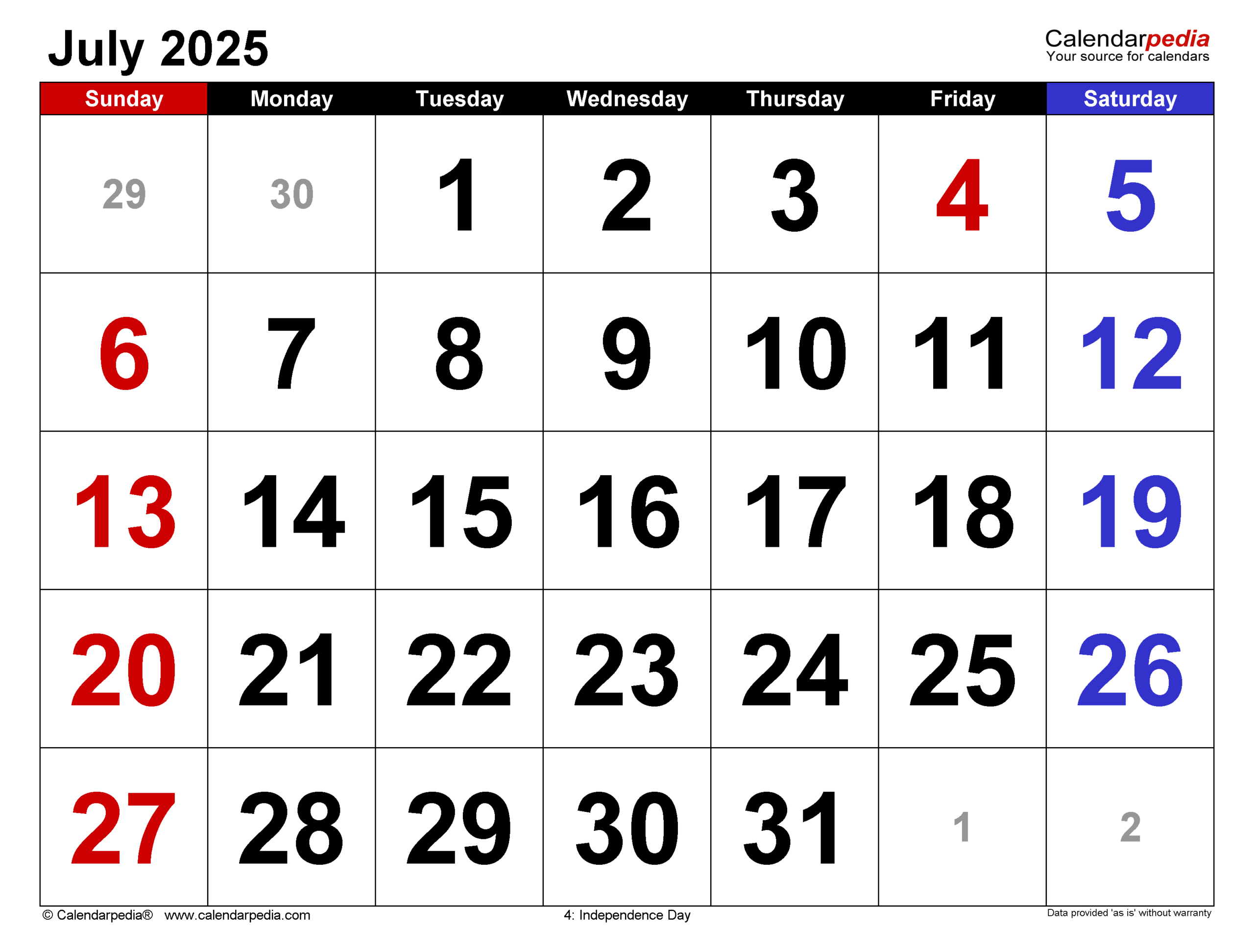July 2025 Calendar | Templates For Pdf, Excel And Word pertaining to July 4th 2025 Calendar Date
