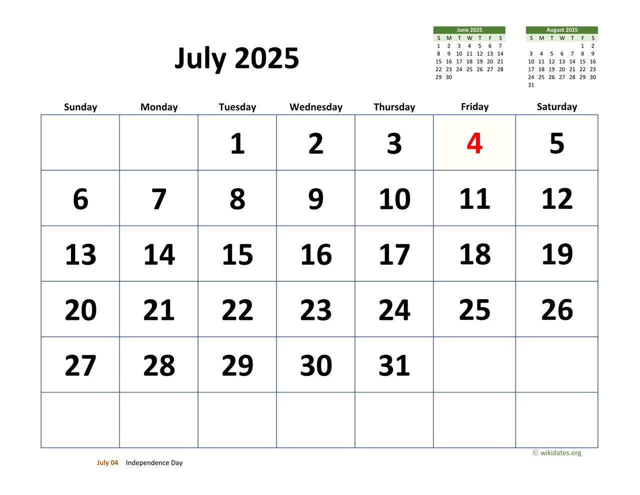 July 2025 Calendar With Extra-Large Dates | Wikidates intended for July 13 2025 Calendar