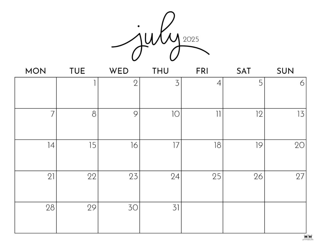 July 2025 Calendars - 107 Free Printables | Printabulls for Free Printable July Calendar 2025 With Holidays