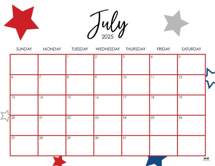 Blank Calendar July 2025 Free Printable