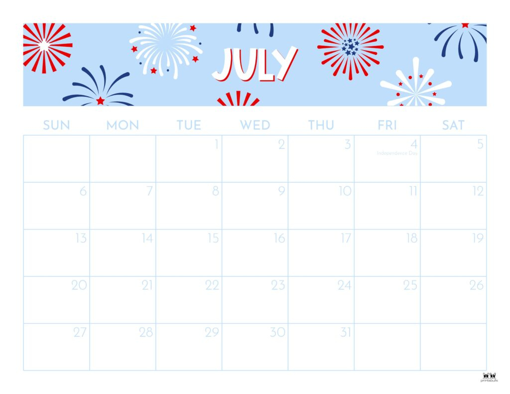 July 2025 Calendars - 107 Free Printables | Printabulls inside July 2025 Calendar Cute Printable