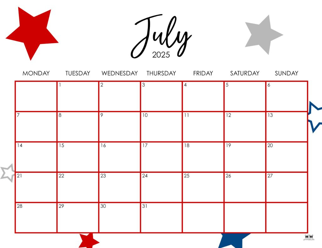 July 2025 Calendars - 107 Free Printables | Printabulls intended for Free Printable July Calendar 2025 with Holidays