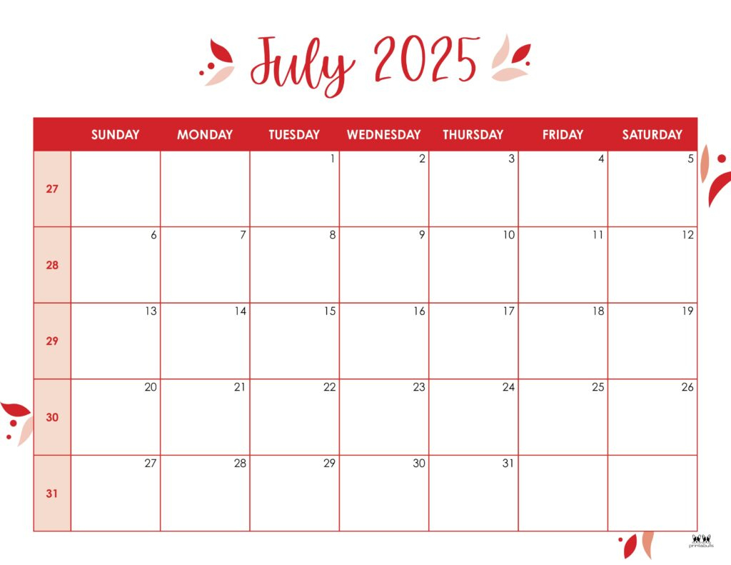 July 2025 Calendars - 107 Free Printables | Printabulls intended for July 2025 Calendar with Holidays Canada