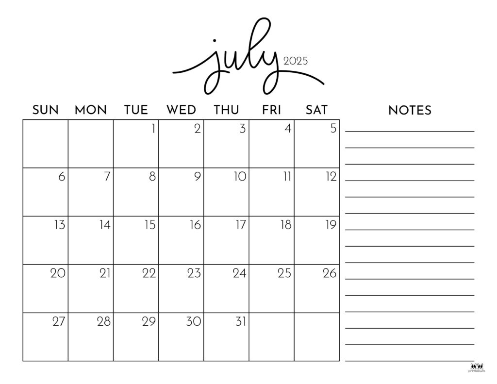 July 2025 Calendars - 107 Free Printables | Printabulls throughout July Calendar 2025 with Lines