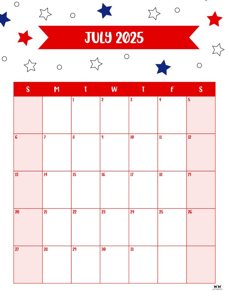 July 2025 Calendars - 107 Free Printables | Printabulls within July 2025 Calendar Vertical