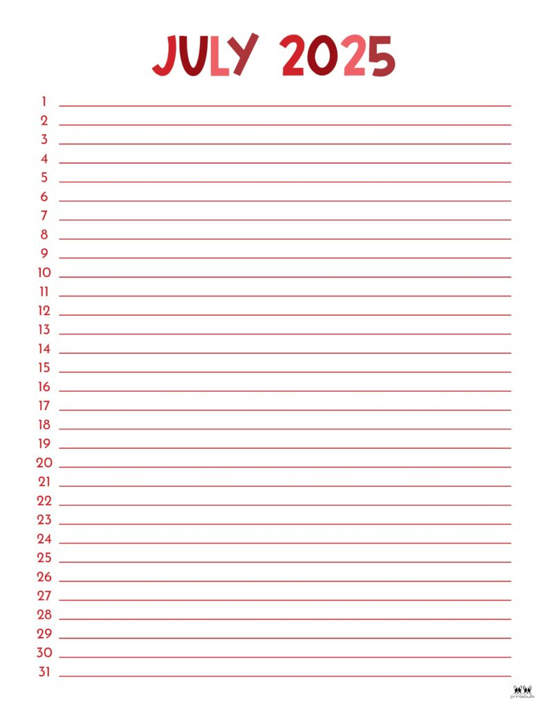 July 2025 Calendars - 107 Free Printables | Printabulls within July Calendar 2025 with Lines