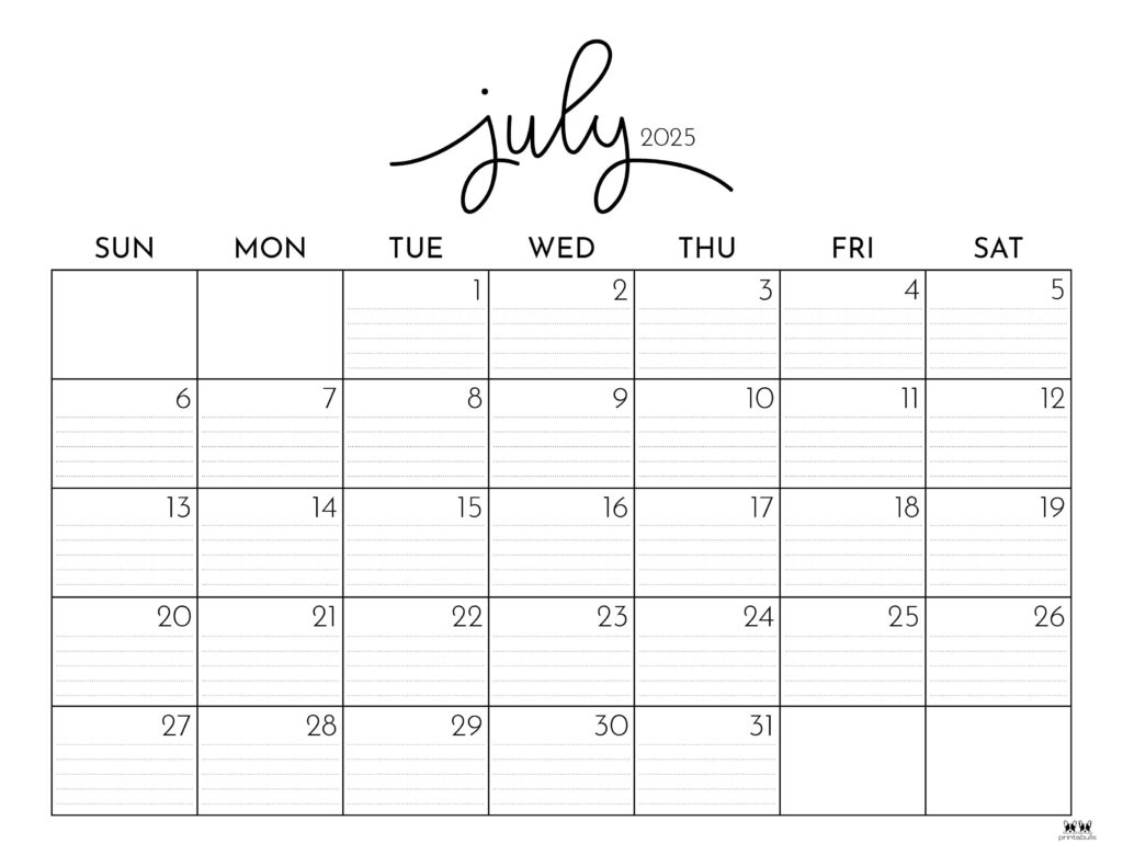 July 2025 Calendars - 107 Free Printables | Printabulls within July Monthly 2025 Calendar Printable