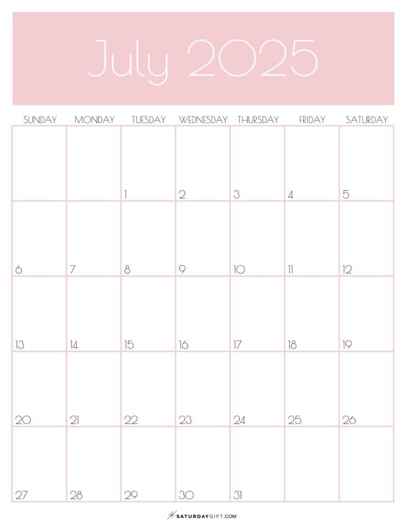 July 2025 Calendars - 23 Cute Free Printable Pdfs | Saturdaygift for 3 Month Vertical Calendar Printable July 2025