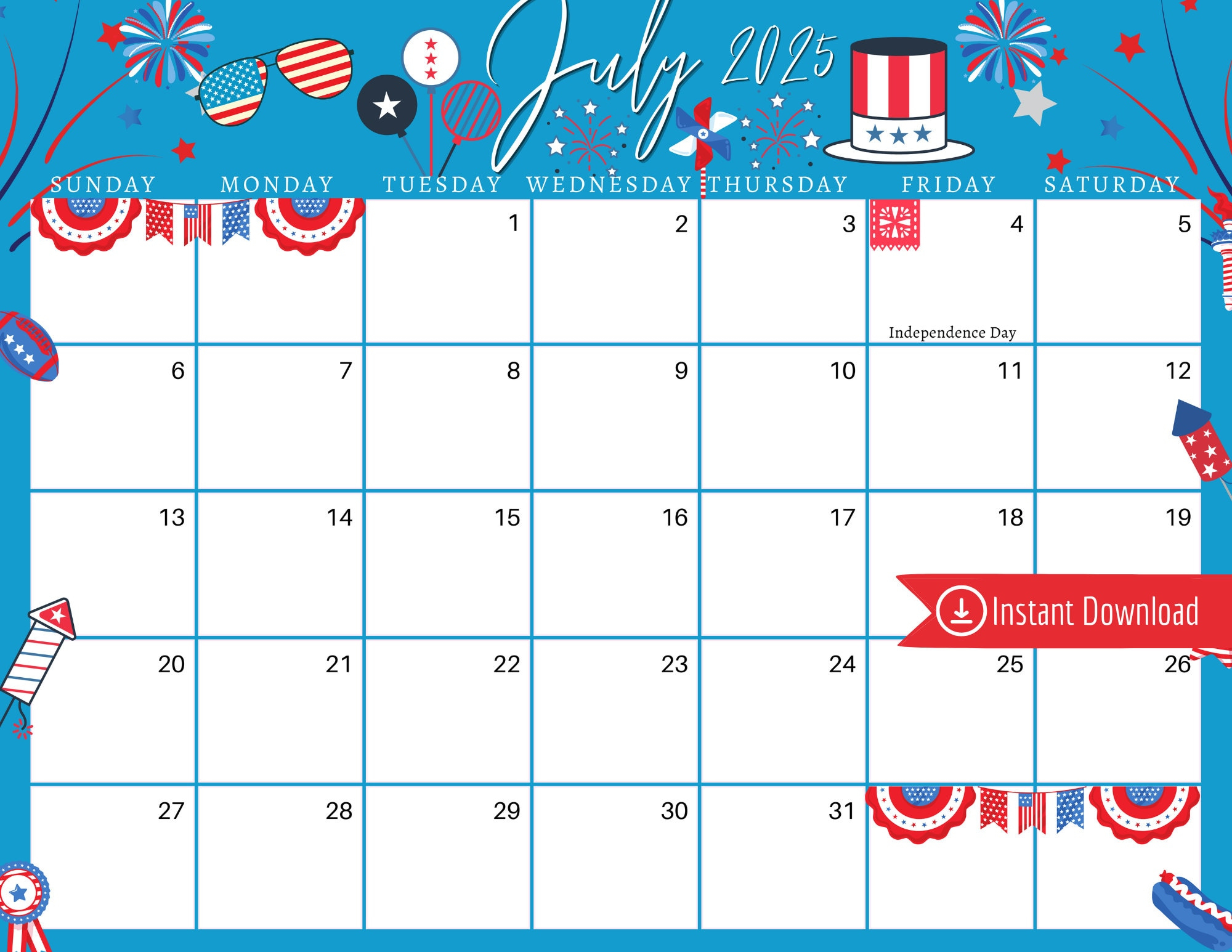 July 2025 Digital Calendar - Blue 4Th Of July Planner Editable within July 4 2025 Calendar