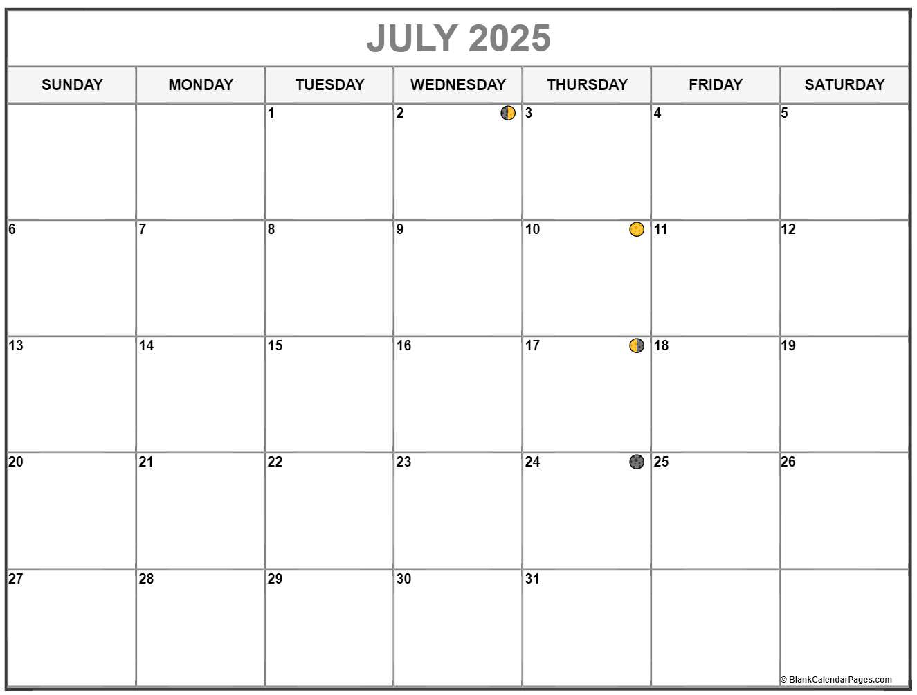 July 2025 Lunar Calendar | Moon Phase Calendar with Lunar Calendar July 2025