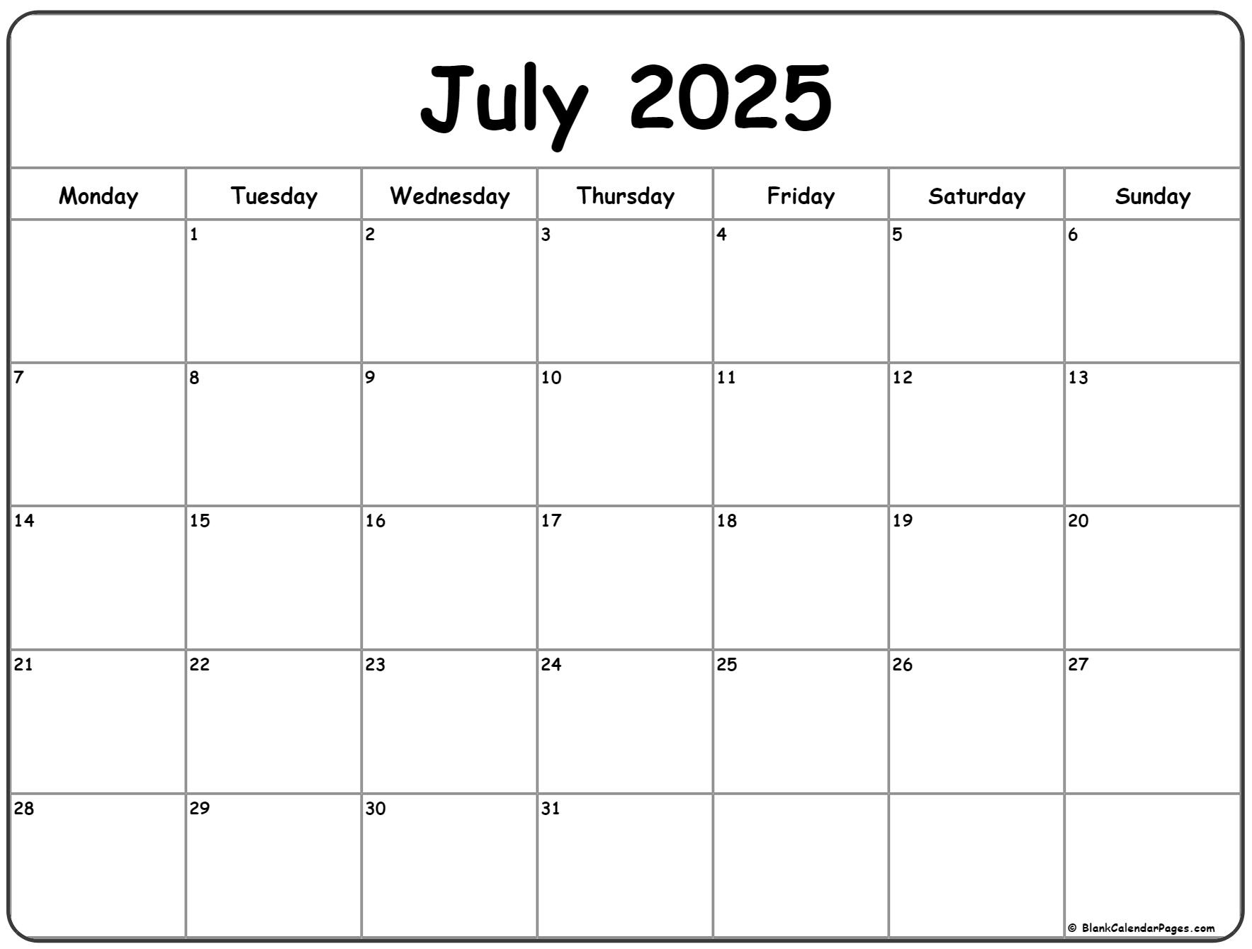 July 2025 Monday Calendar | Monday To Sunday with regard to July Calendar 2025 Monday To Sunday