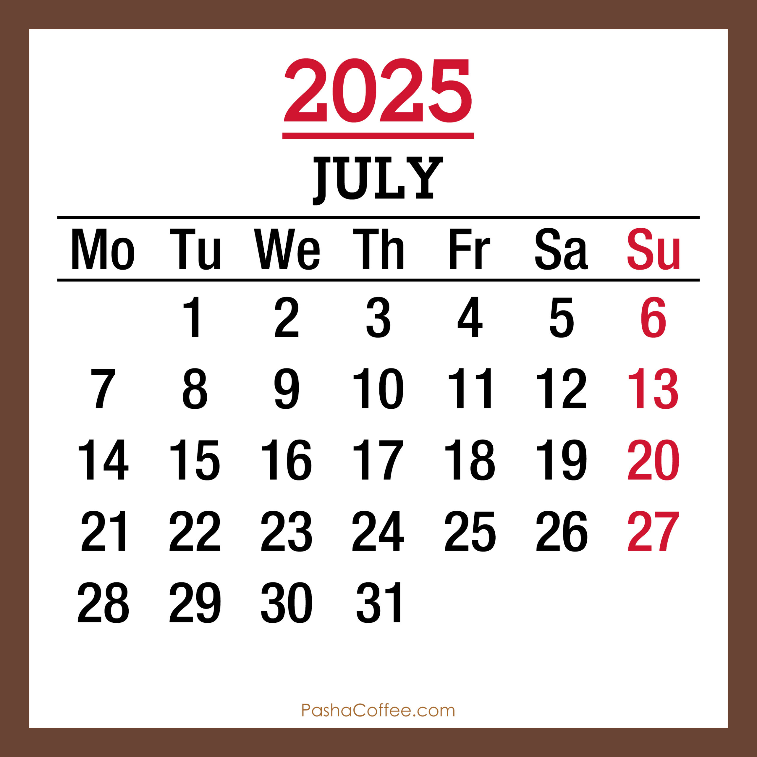 July 2025 Monthly Calendar, Printable Free, Brown, Monday Start with July Calendar 2025 Monday Start