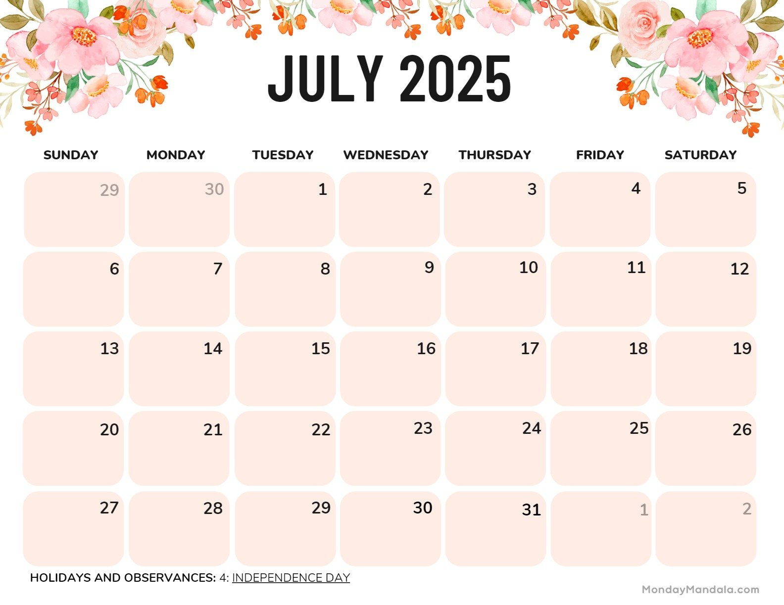 July 2025 Printable Calendar (52 Free Pdf Printables) in July Calendar 2025 Monday to Sunday