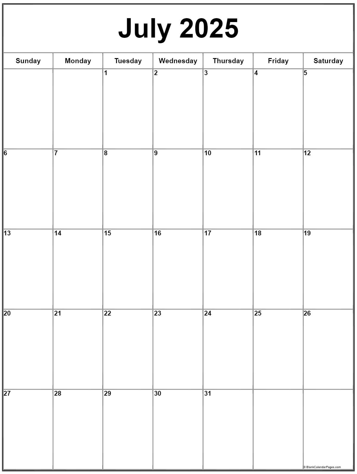July 2025 Vertical Calendar | Portrait in July 2025 Calendar Vertical