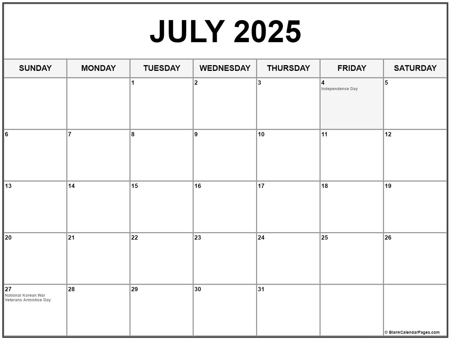 July 2025 With Holidays Calendar with Free Printable July Calendar 2025 With Holidays