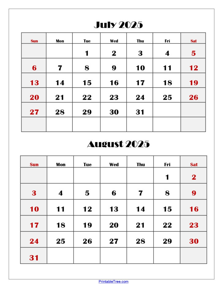 Calendar of July and August 2025