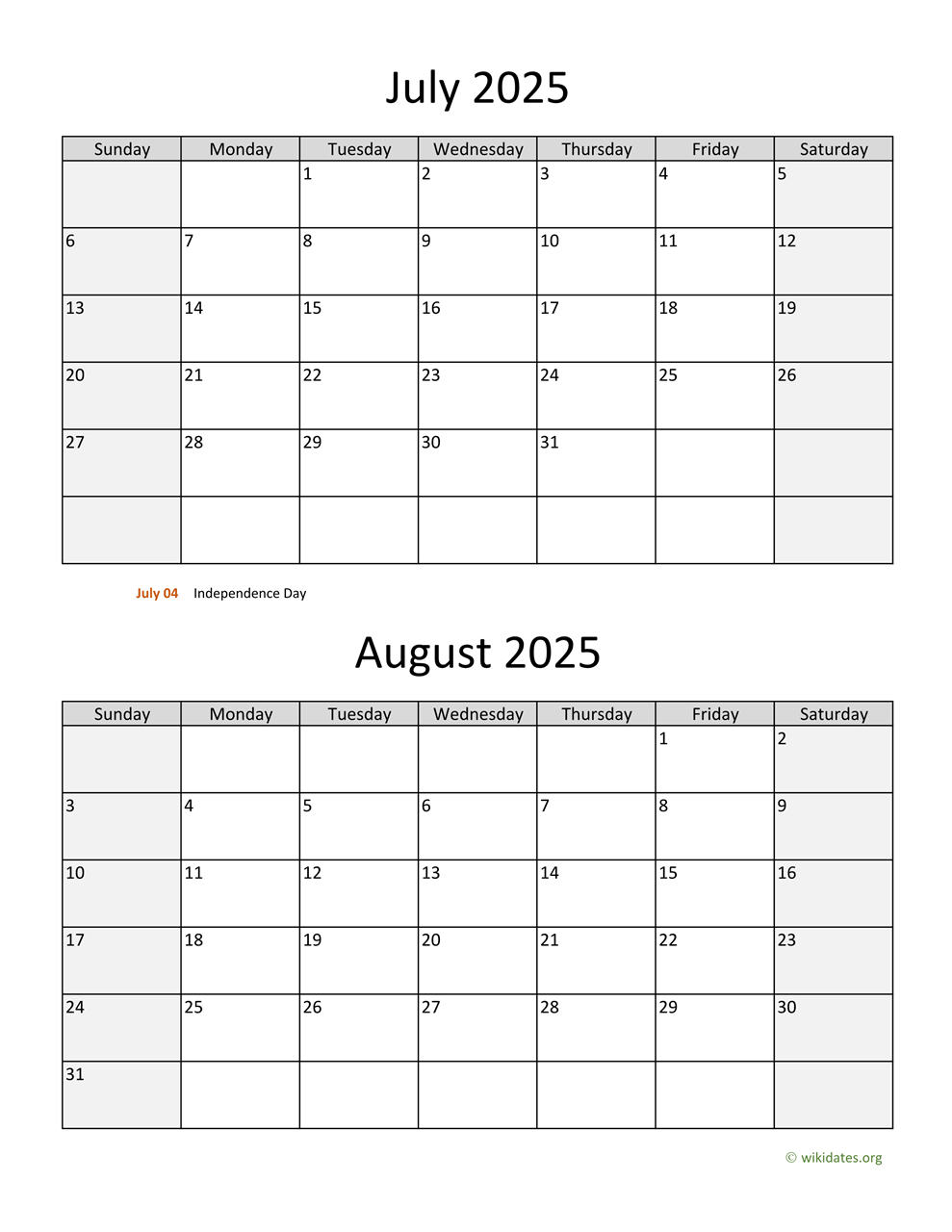 July And August 2025 Calendar | Wikidates with July And August 2025 Calendar