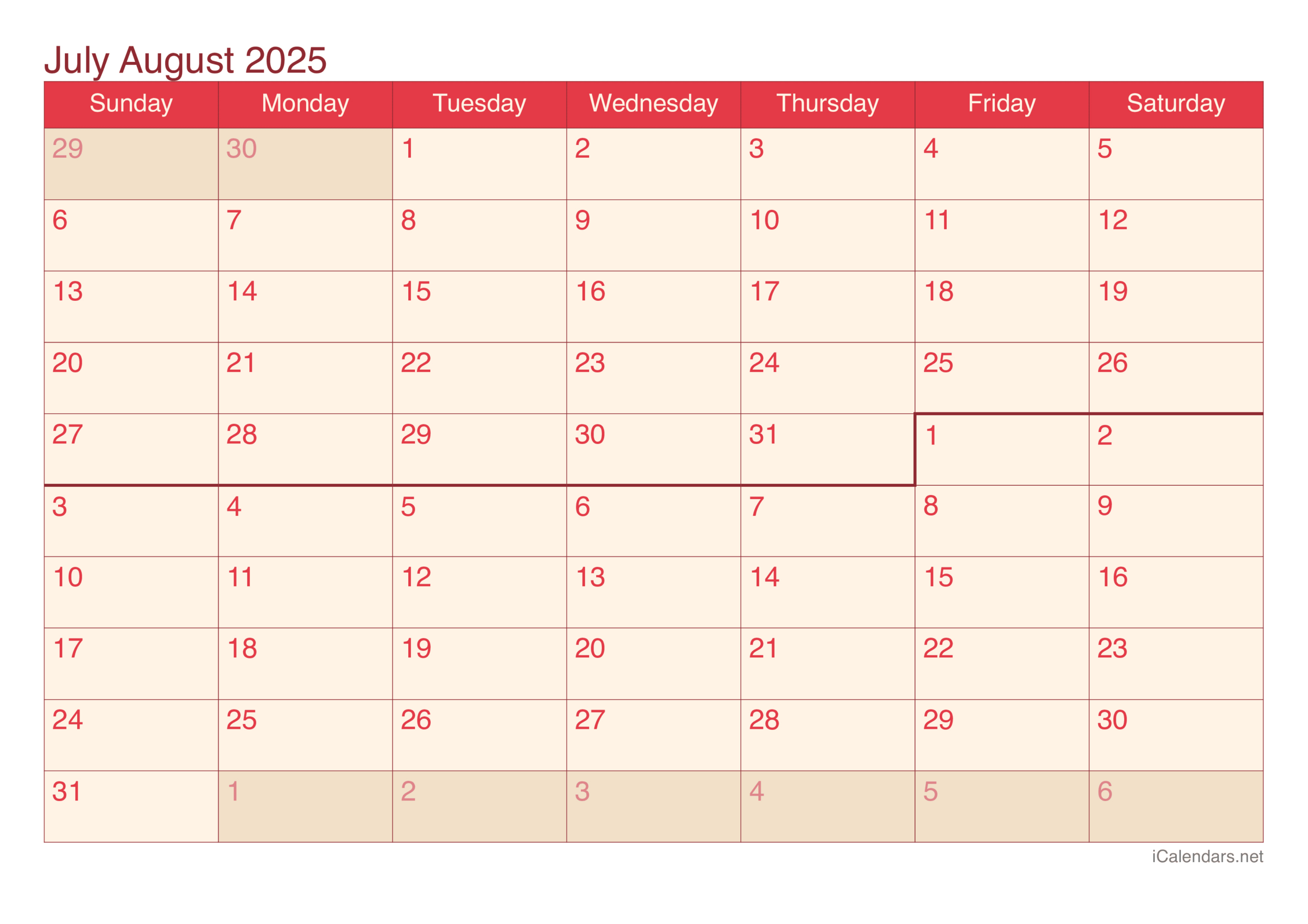 July And August 2025 Printable Calendar for July And August 2025 Calendar