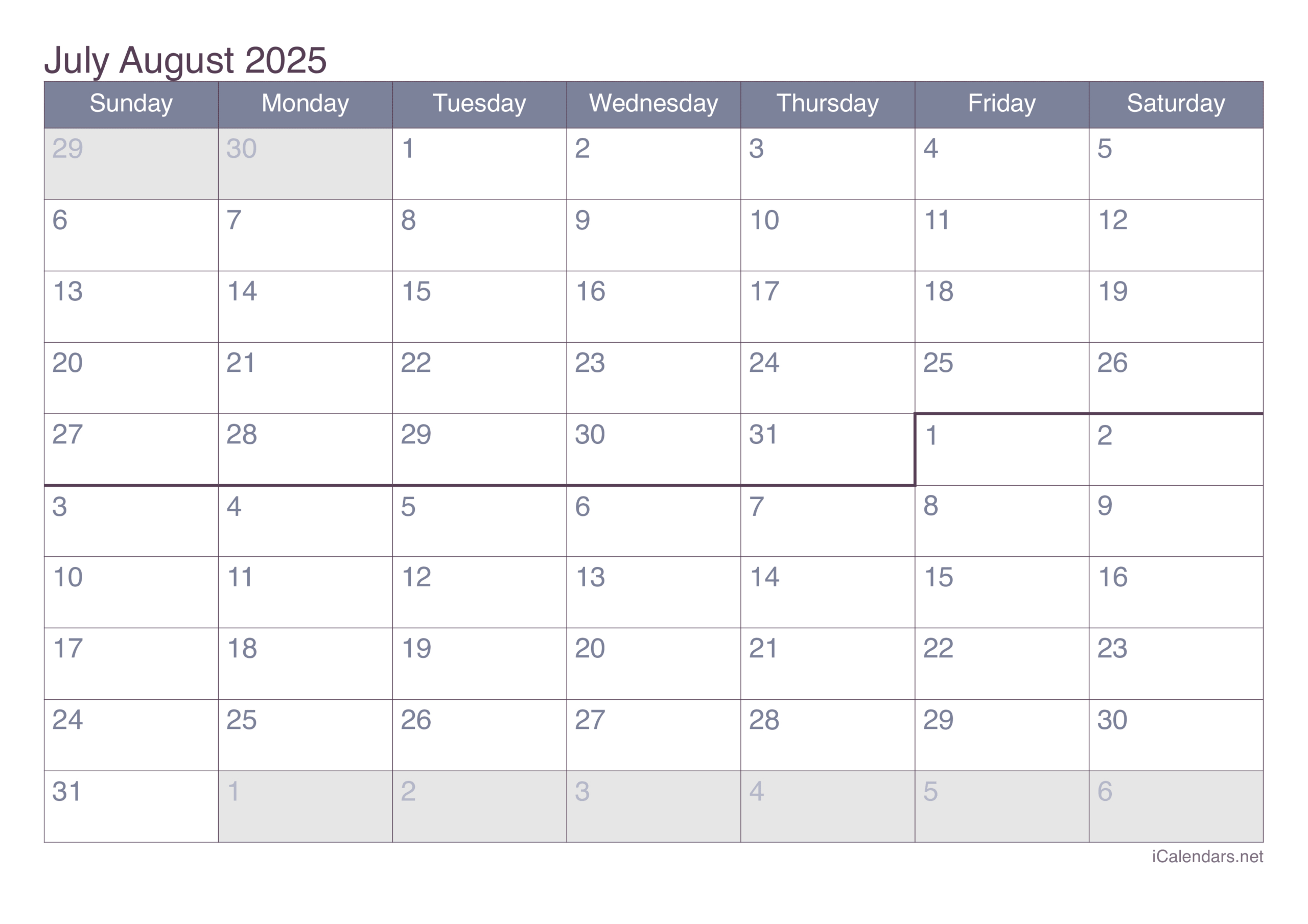 July And August 2025 Printable Calendar with regard to July and August 2025 Calendar