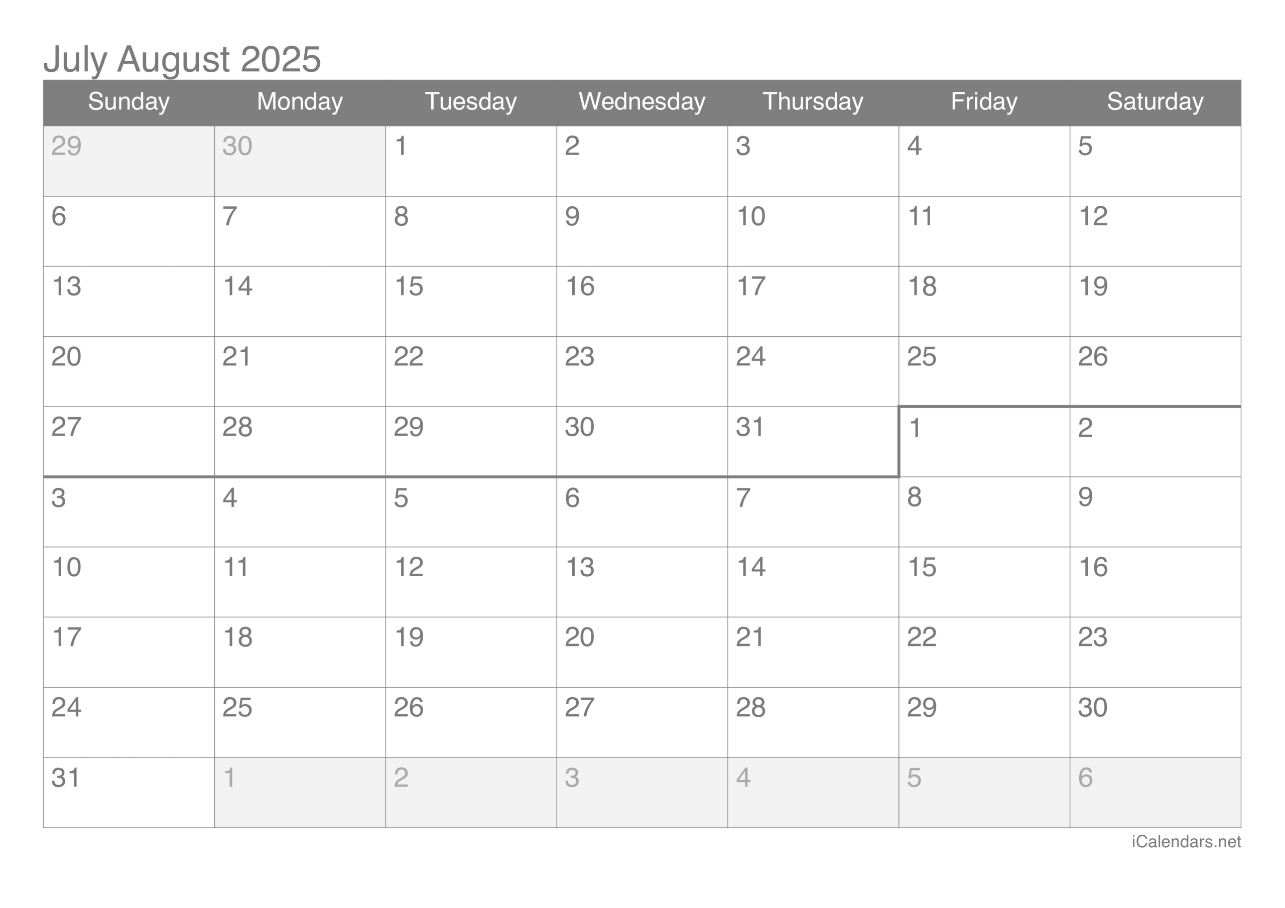 July And August 2025 Printable Calendar with regard to July And August 2025 Printable Calendar