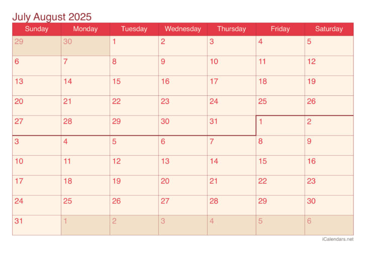 Printable Calendar 2025 July July August