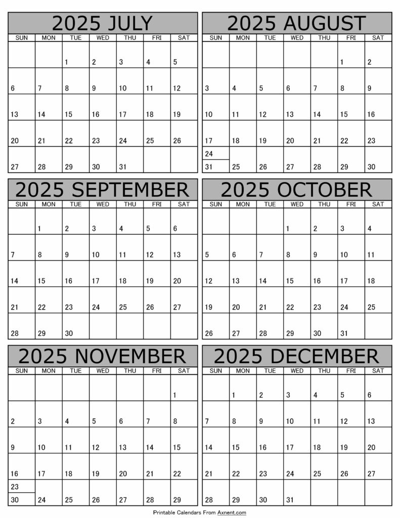 July To December 2025 Calendar Templates - Six Months for July To December 2025 Calendar