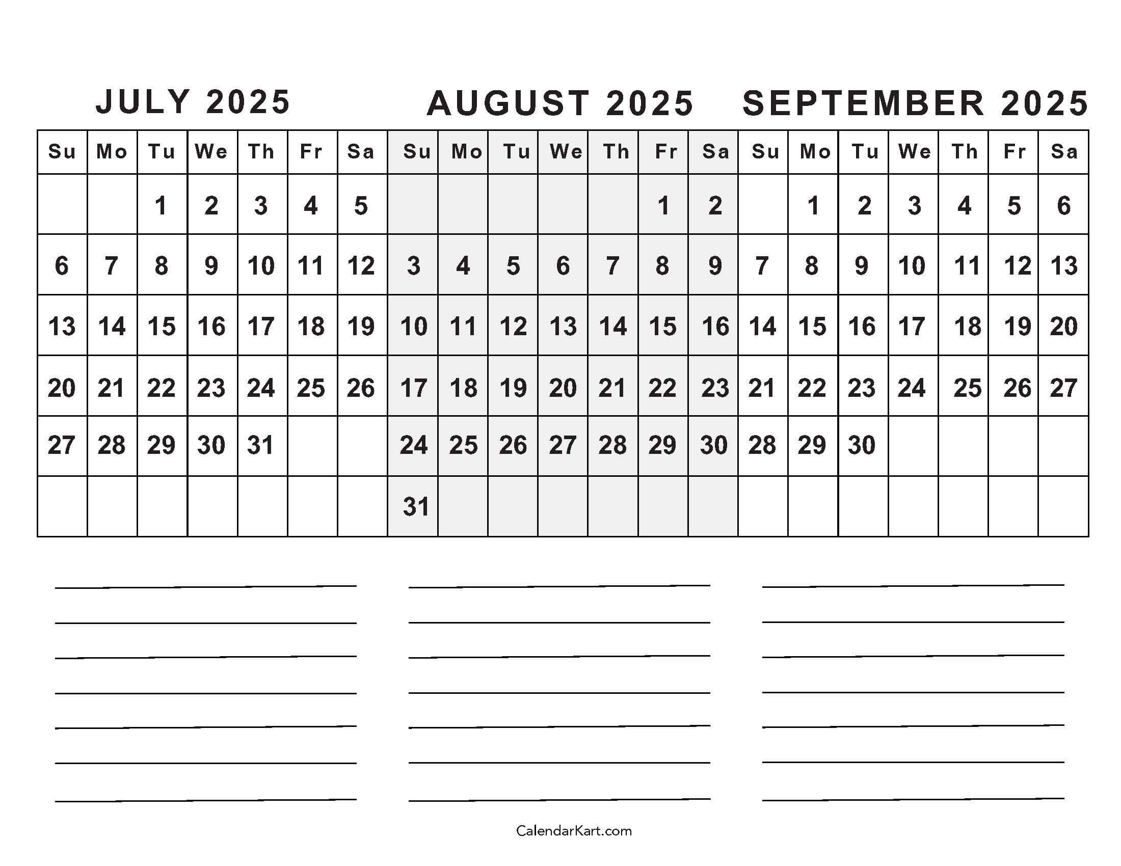 July To September 2025 Calendar (Q3) - Calendarkart throughout July August September 2025 Printable Calendar