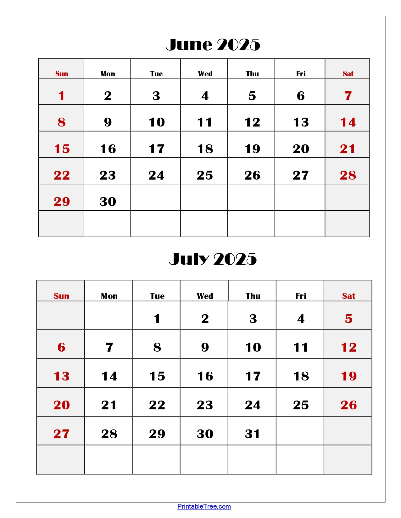 June And July 2025 Calendar Printable Pdf | Two Months Calendar for June July 2025 Printable Calendar
