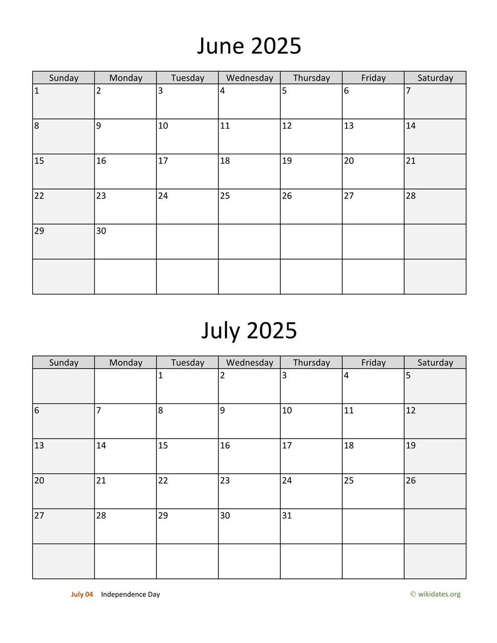 June And July 2025 Calendar | Wikidates inside June July 2025 Printable Calendar
