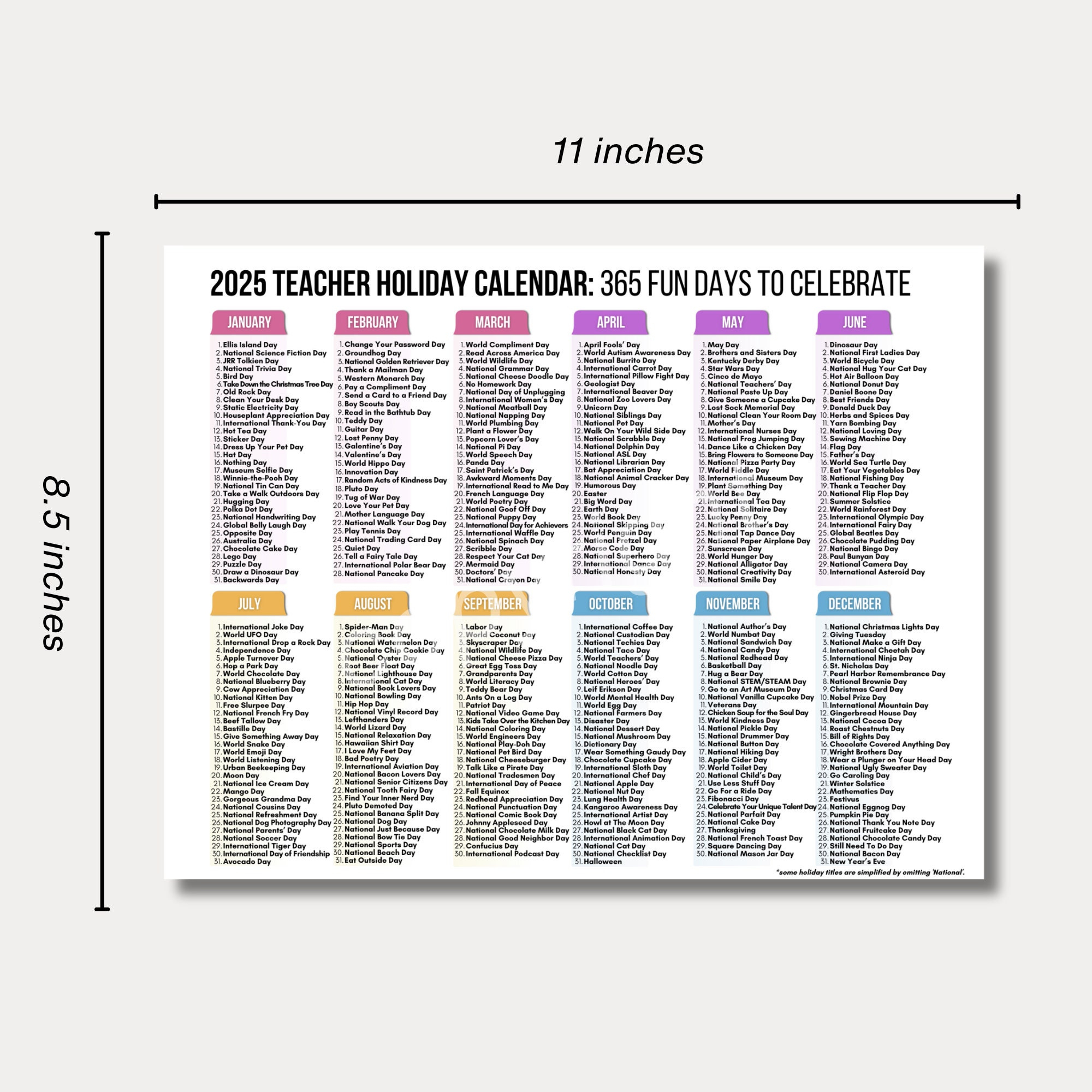 Lehrer National Tage Kalender Printable | 2024 Und 2025 Nationale Feiertage-Kalender | Fun Content Kalender 2024, 2025 I Schräge Feiertage for 2025 Fun Holiday Calendar Printable