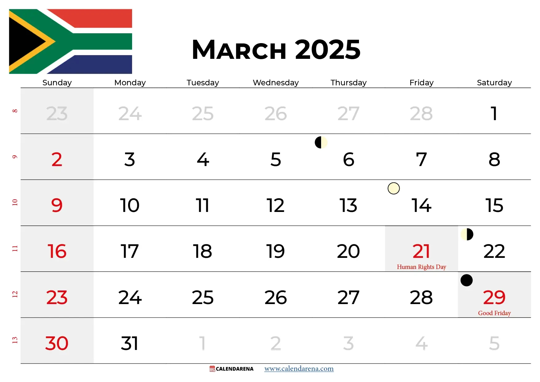 March 2025 Calendar South Africa With Holidays within Printable Calendar 2025 with Holidays South Africa Download