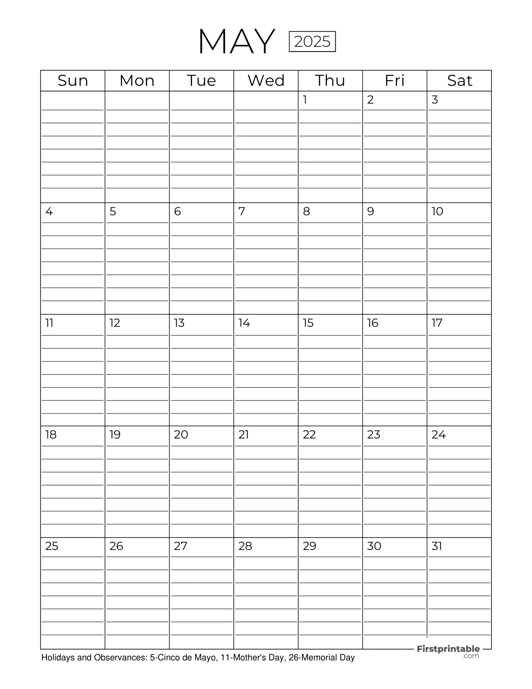 May 2025 Calendars - Free Printable &amp;amp; Fillable intended for May Printable Calendar 2025 With Lines