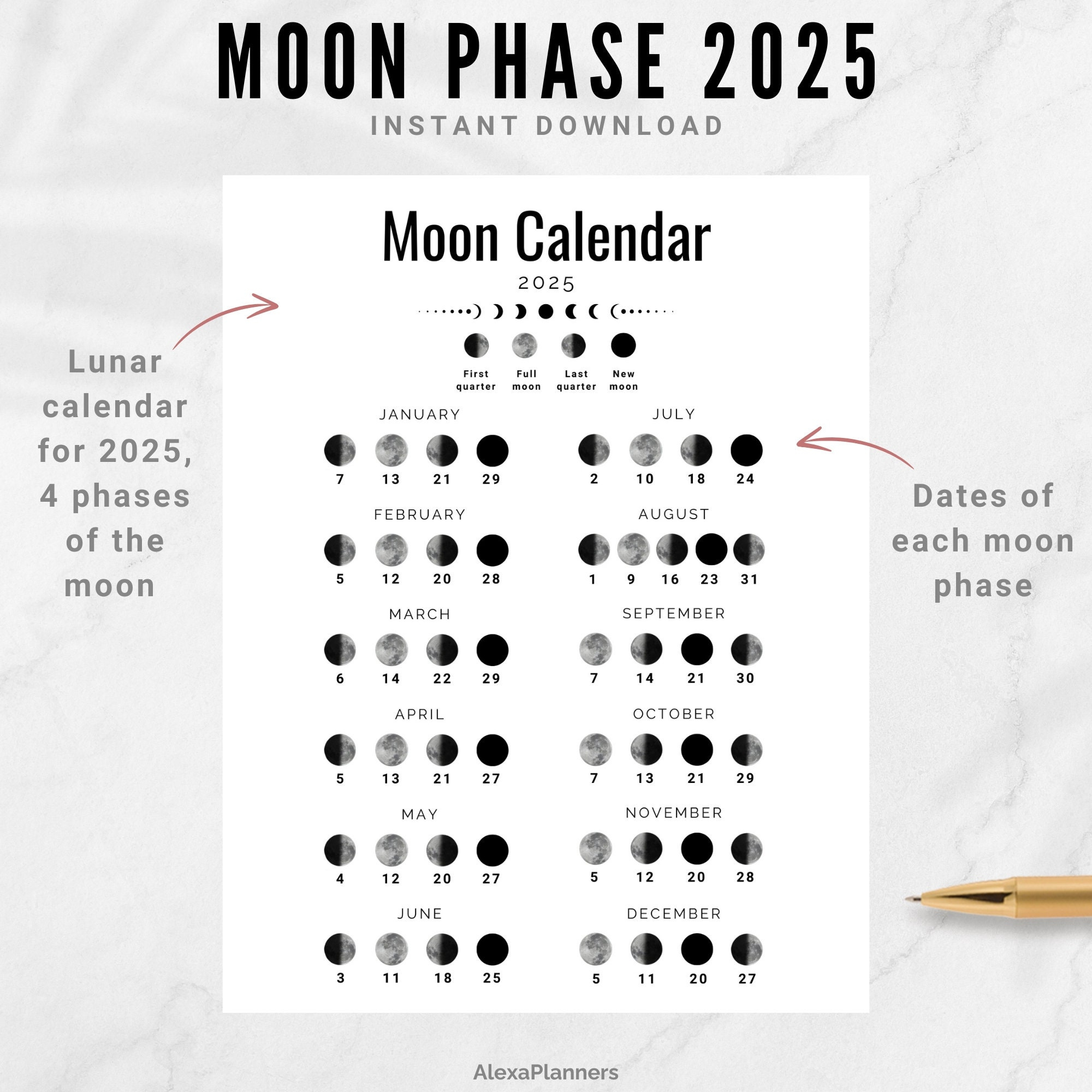 Moon Phase Calendar 2025, A4 / Letter Size Lunar Calendar - Etsy intended for Printable 2025 Lunar Calendar