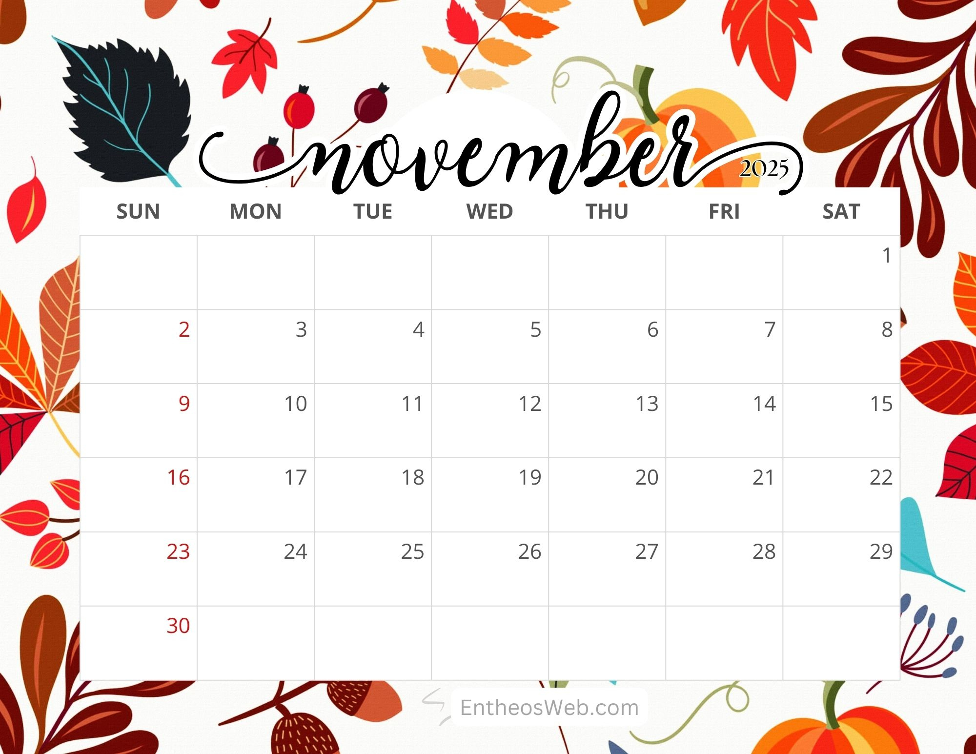 November 2025 Calendar Printables | Entheosweb pertaining to November 2025 Calendar Printable Free
