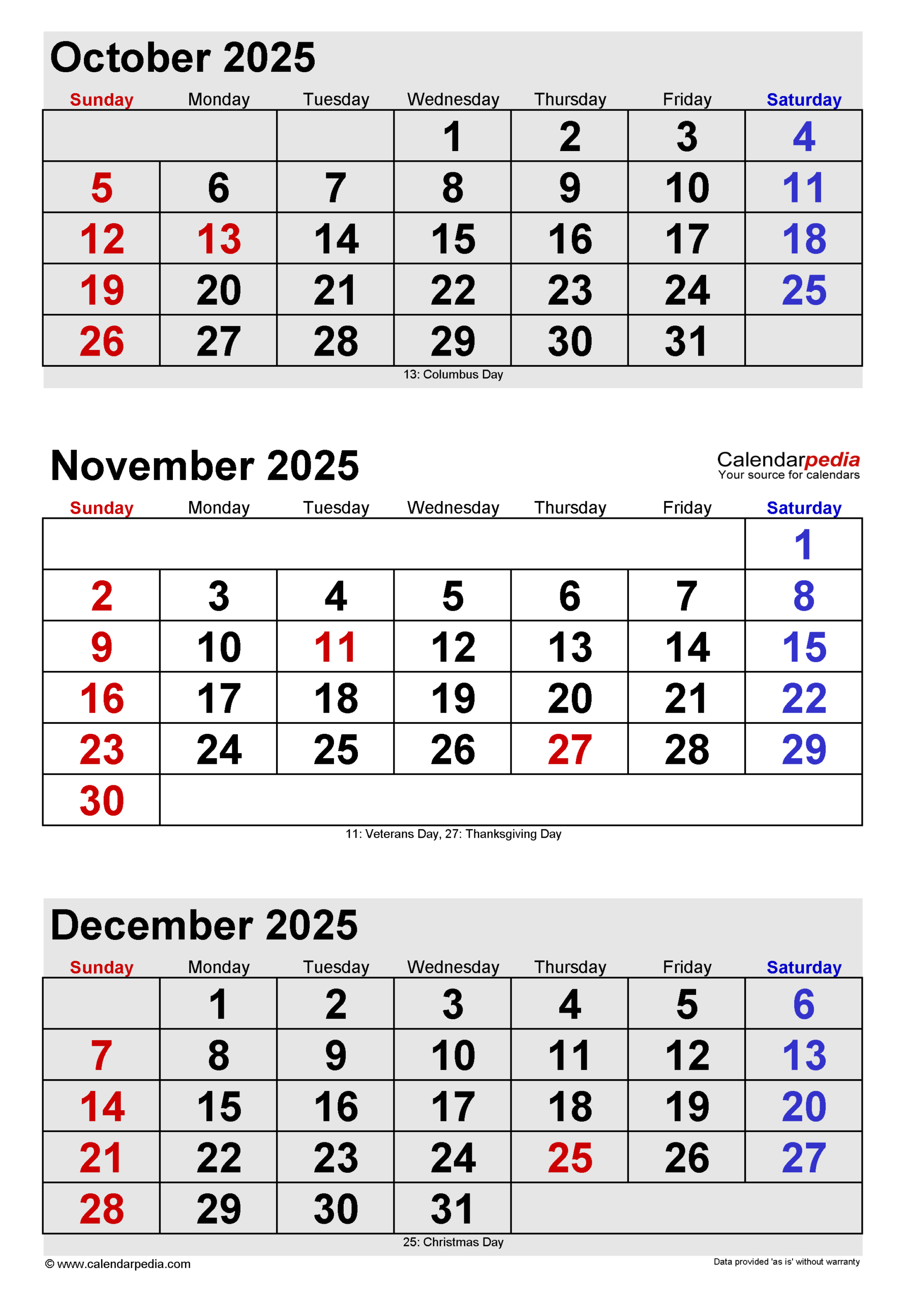 November 2025 Calendar | Templates For Pdf, Excel And Word intended for October November December 2025 Calendar Printable