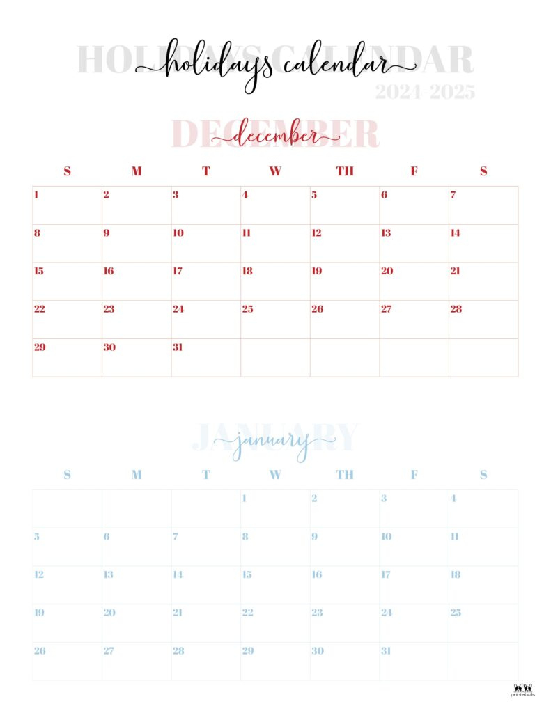 November December 2024 Calendars - 28 Printables | Printabulls for Printable Calendar Dec 2024 Jan 2025